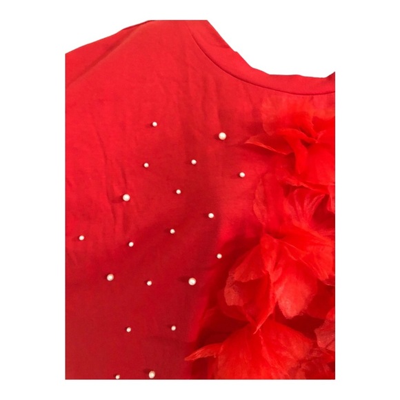 Red pearl adorned 3d floral embellished short sleeve shirt top  size XL new - Picture 4 of 12